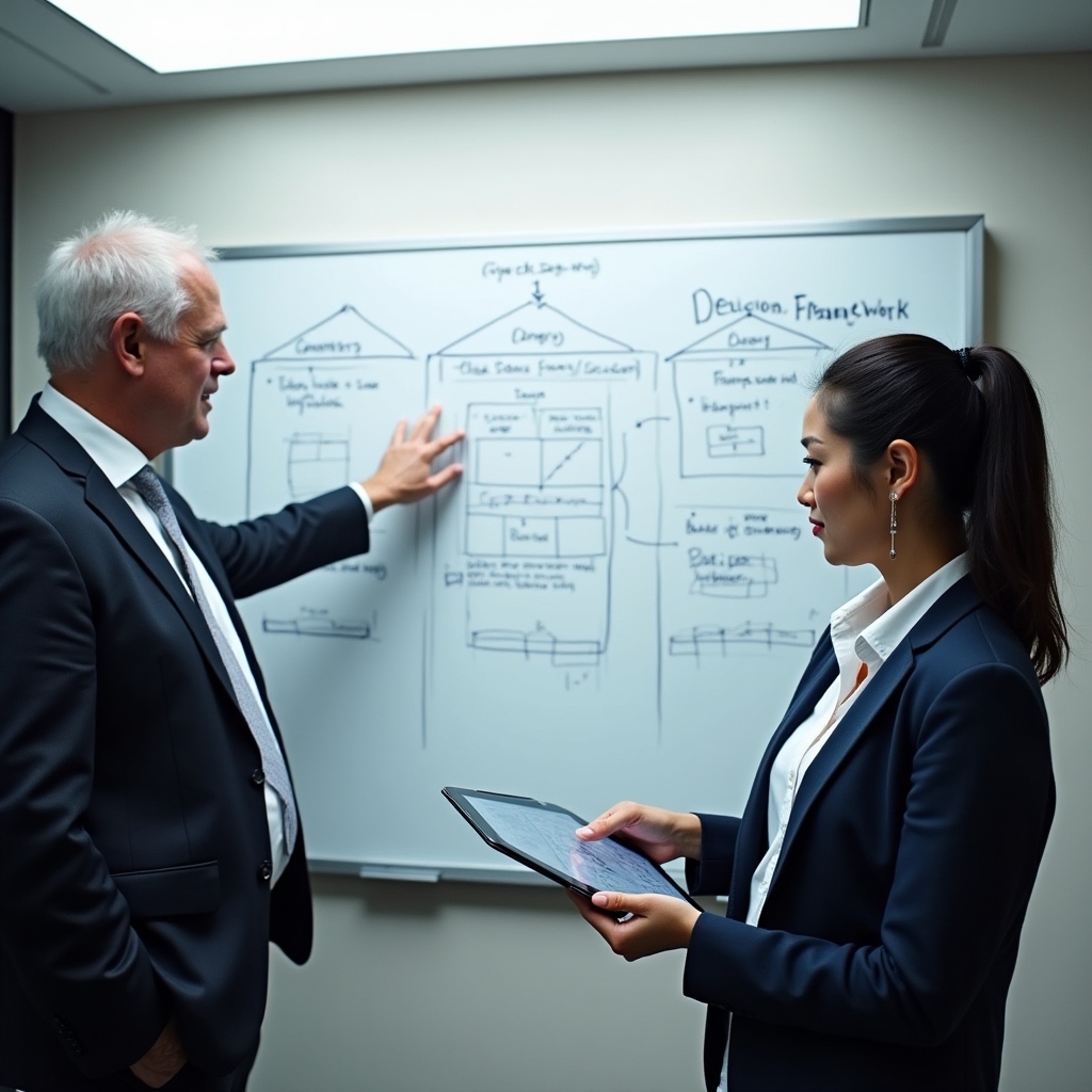 Führungsteam bewertet technische Optionen an einem Whiteboard