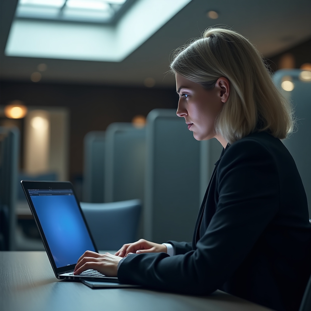 Konzentrierte Führungskraft arbeitet mit Laptop an Schreibtisch