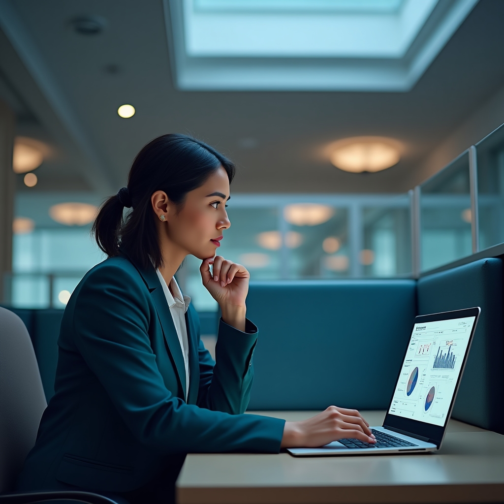 Managerin analysiert Datenpräsentation auf Laptop
