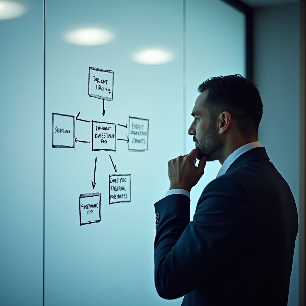 Führungskraft skizziert Prozess auf Whiteboard